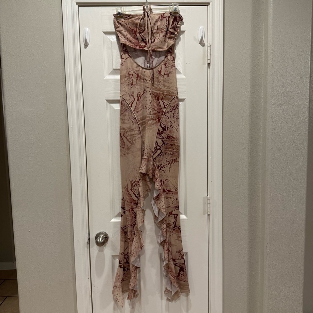 MURCI Mesh Halterneck Cut Out High Low Maxi Dress In Snake Print Sexy Club Sz 8 - Picture 4 of 12
